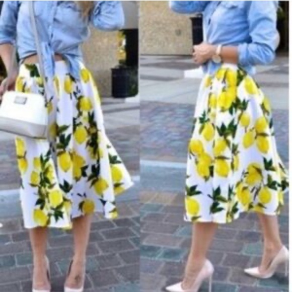 Taydey Fashion Sz M elastic waist pleated lemons print full skirt new - Picture 9 of 9